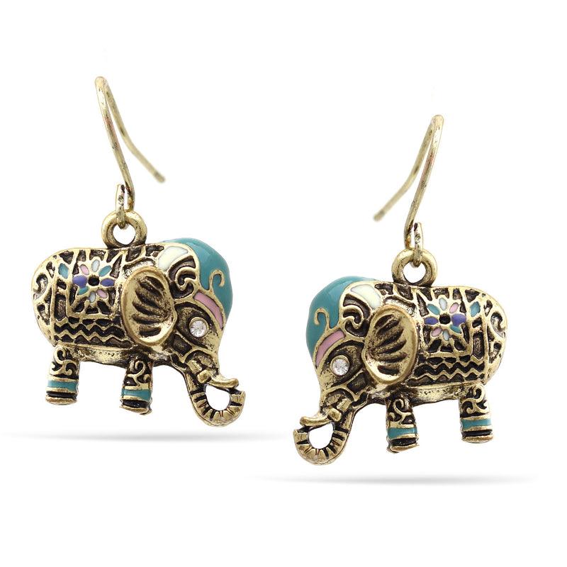 Oxidized Gold Turquoise And Pink Enamel Crystal Elephant Drop Earrings