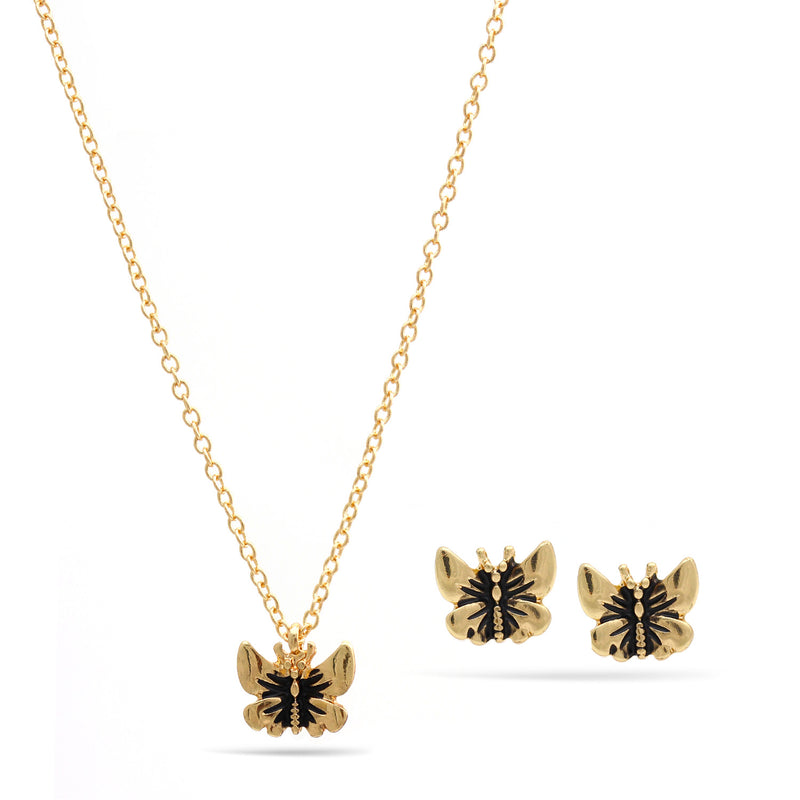 Gold Butterfly Pendant Adjustable Length Chain Necklace And Earrings Set