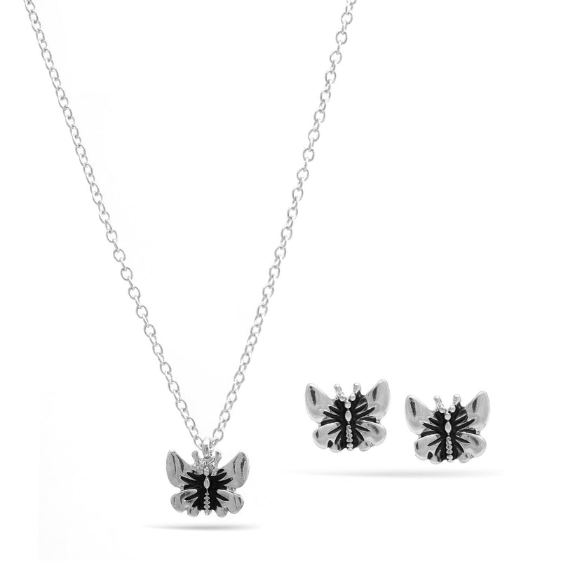 Silver Butterfly Pendant Adjustable Length Chain Necklace And Earrings Set