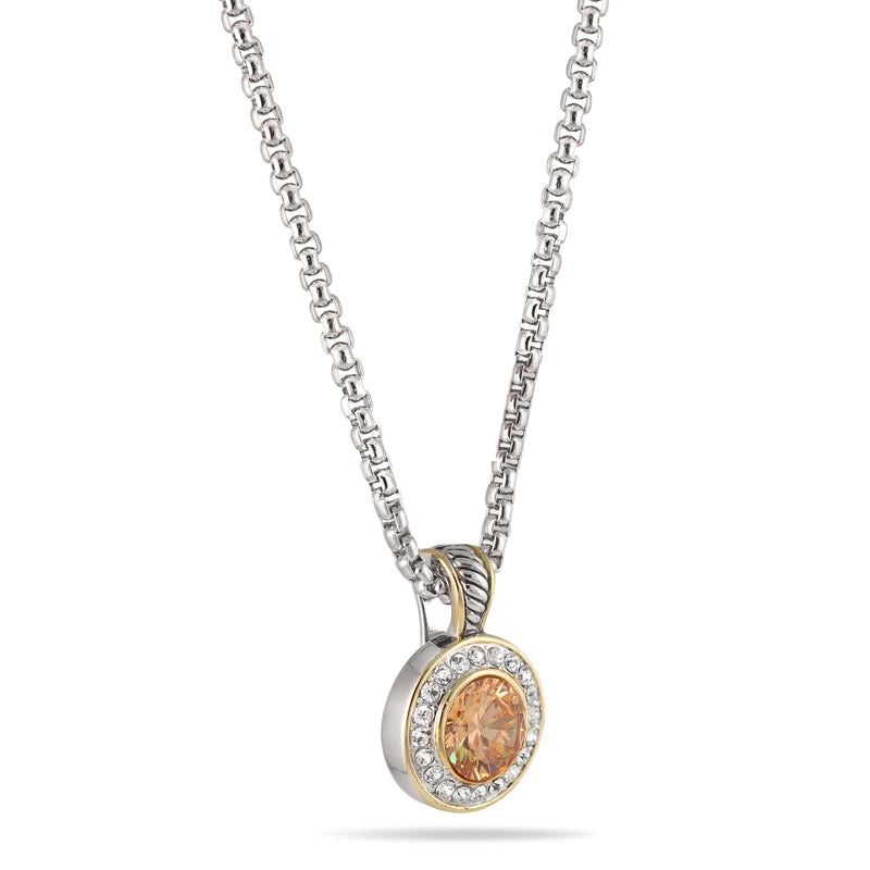 TWO TONE CHAMPAGNE AND CRYSTAL ROUND PENDANT NECKLACE 62994EH-CHM(FC19)