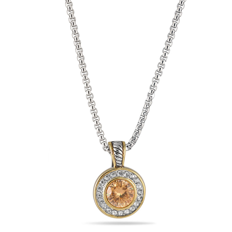 TWO TONE CHAMPAGNE AND CRYSTAL ROUND PENDANT NECKLACE 62994EH-CHM(FC19)