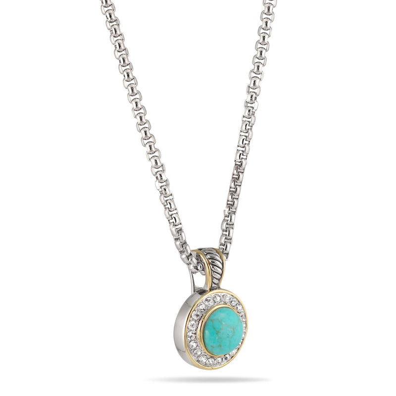 TWO TONE TURQUOISE AND CRYSTAL ROUND PENDANT NECKLACE 62994EH-TQ