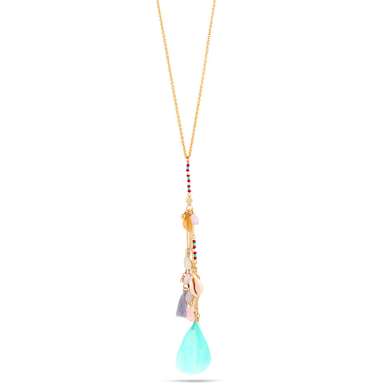 Gold Cowri Shell And Feather Charms Adjustable Length Chain Tassel Necklace