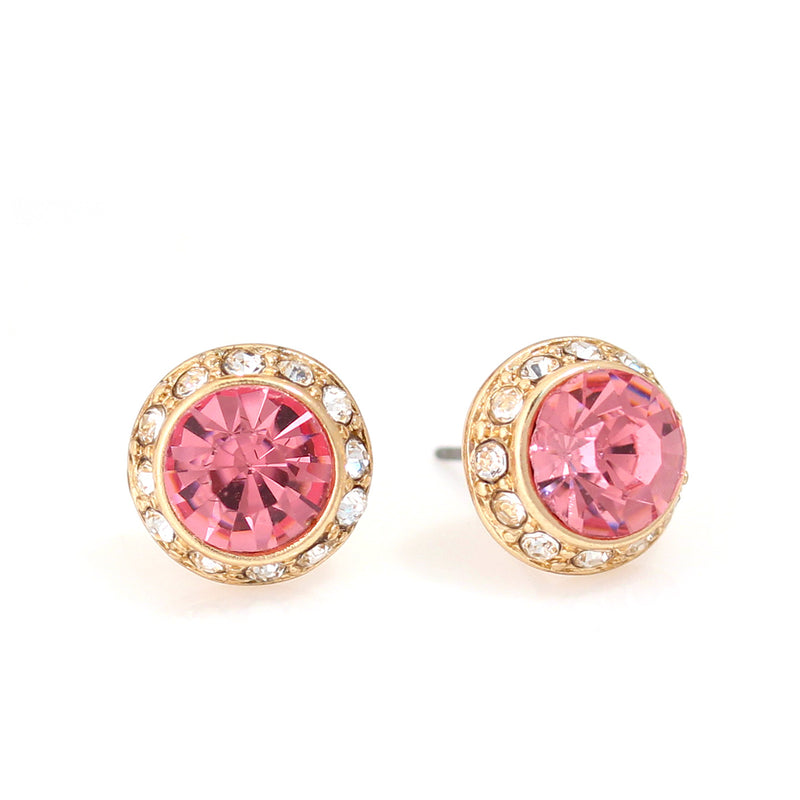 Pink Round Crystal And Clear Rhinestone Gold Post Earrings