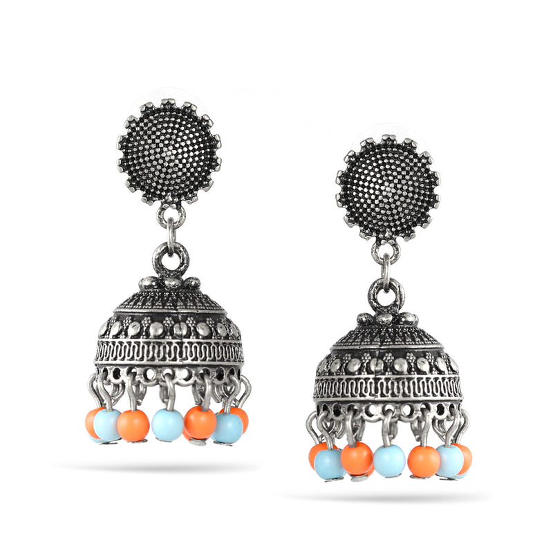 Silver Jhumki Dome Turquoise And Coral Earrings
