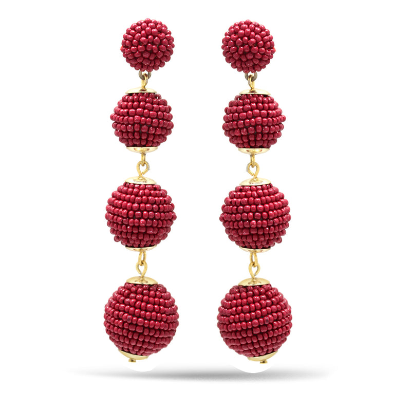 Burgundy Seed Bead Balls Gold Post Earrings