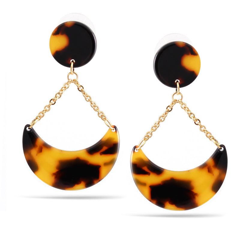Round And Half Moon Tortoise Shell Acetate Resin Gold Post Earrings