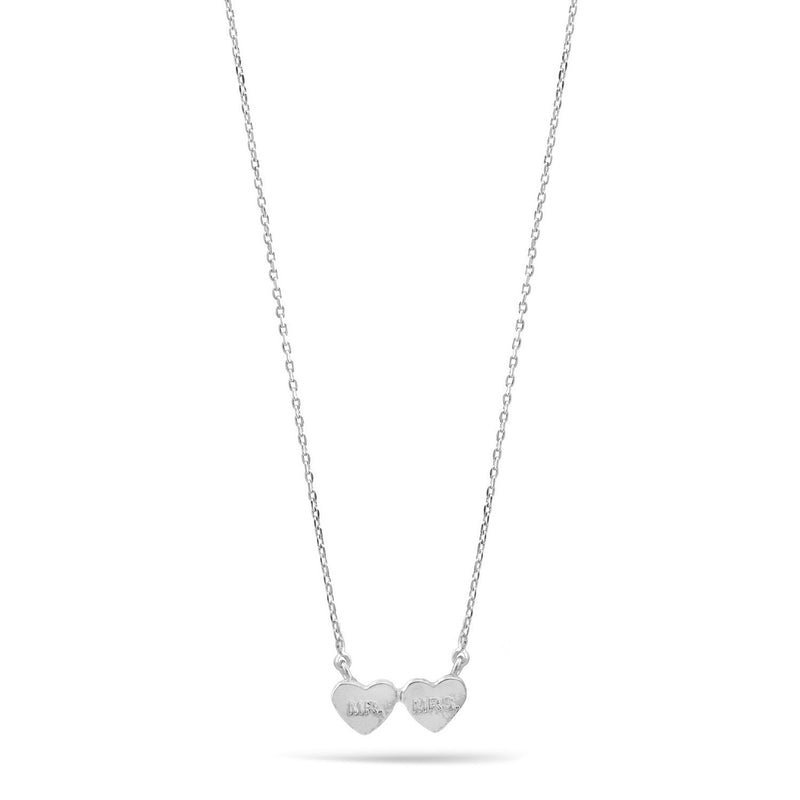 Mr And Mrs Double Heart Rhodium Pendant Adjustable Length Short Chain Necklace