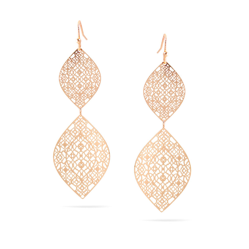 Rose Gold Filigree Leaf Drop Earrings