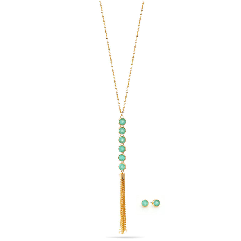 Gold Mint Druzy Adjustable Length Chain Tassel Necklace And Earrings Set