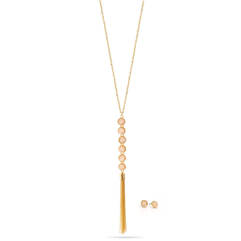 Gold Cream Druzy Adjustable Length Chain Tassel Necklace And Earrings Set