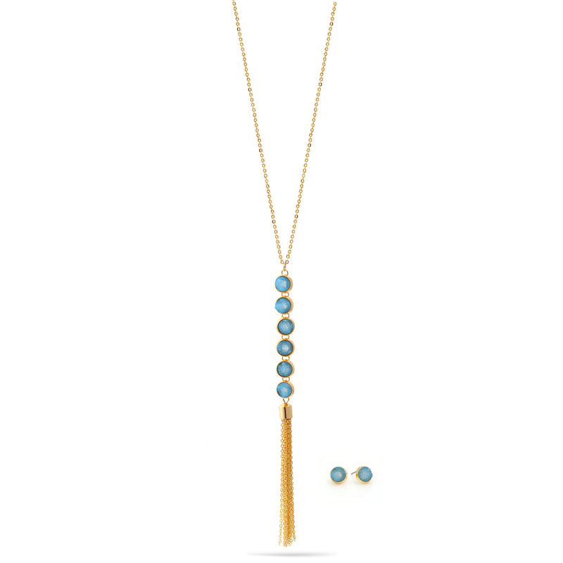 Gold Blue Druzy Adjustable Length Chain Tassel Necklace And Earrings Set