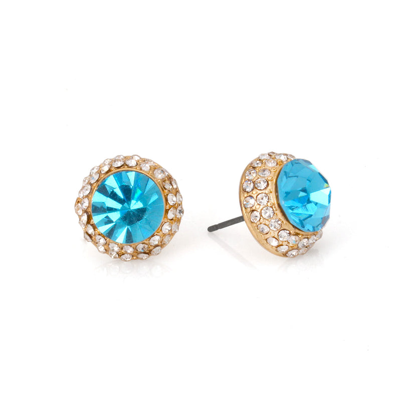 Aqua Blue Round Crystal Rhinestones Gold Post Earrings