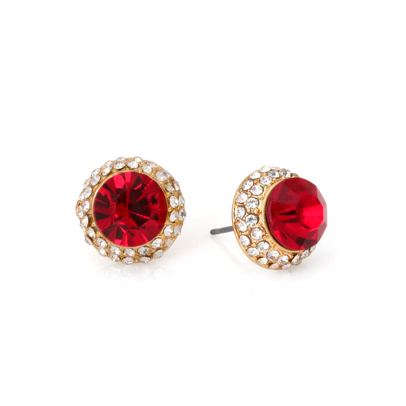 Red Round Crystal Rhinestones Gold Post Earrings