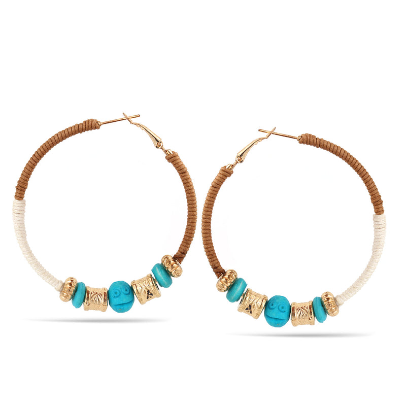 Gold And Turquoise Beads Ivory And Brown Thread Hoop Earrings