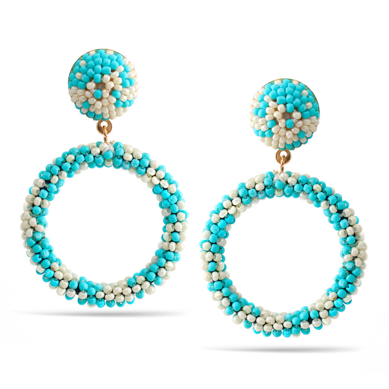 Turquoise And Ivory Beads Round Gold Post Earrings