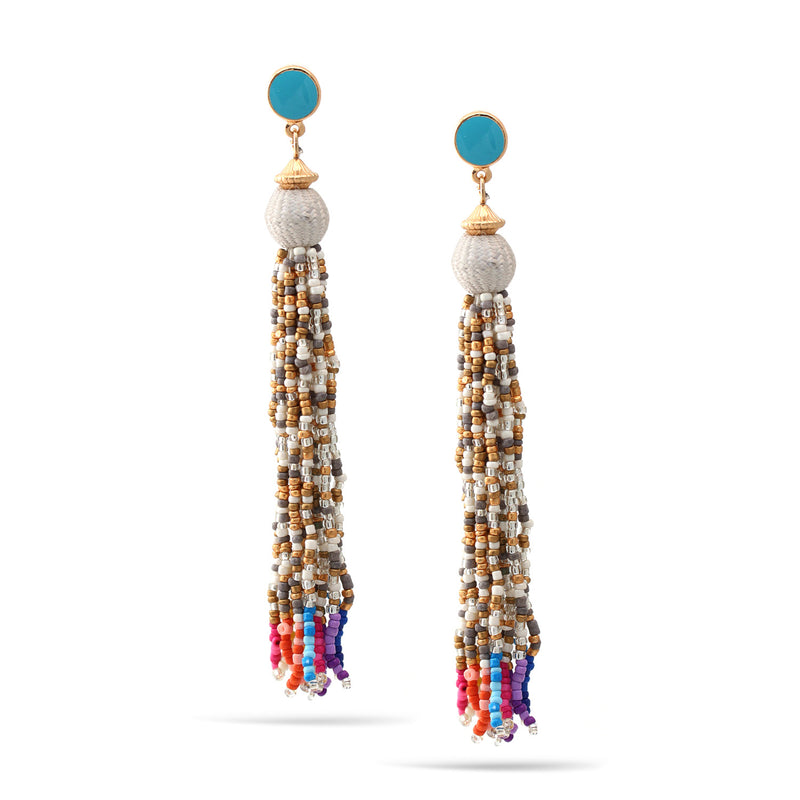 Multicolor Beads Tassel Post Earrings