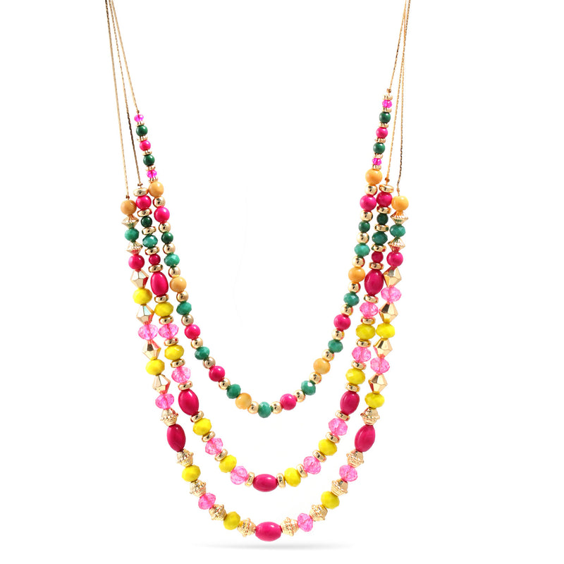 Gold And Multicolor Beads Adjustable Length Wire Chain Three Layer Necklace