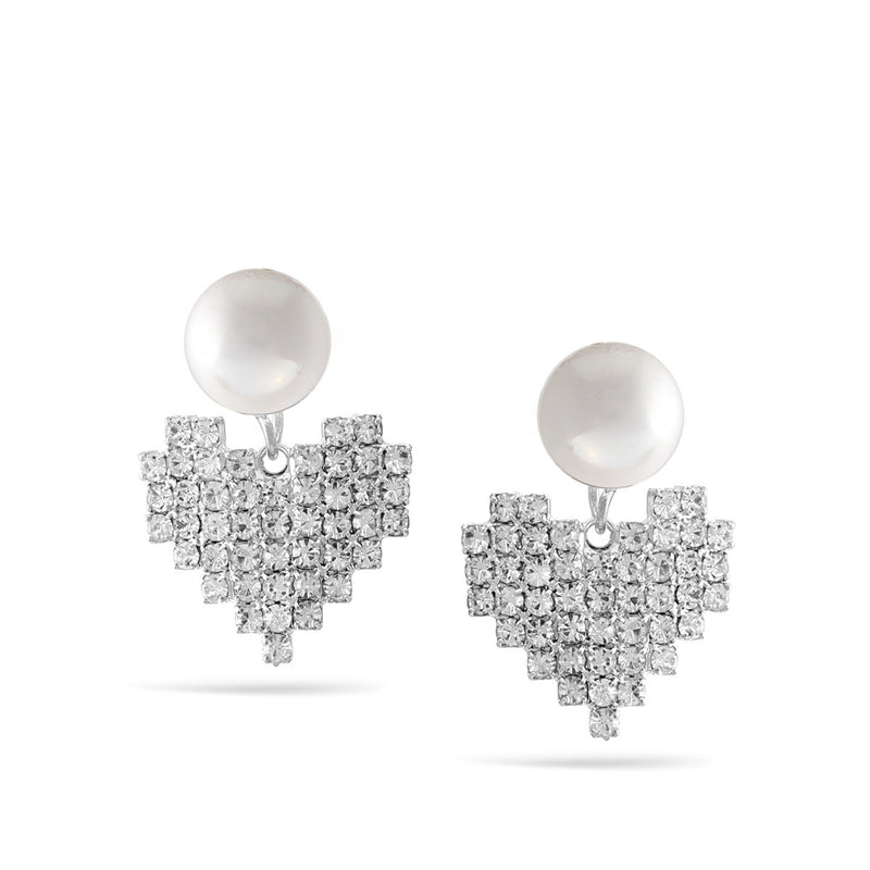 Silver Rhinestones Heart Pearl Post Earrings