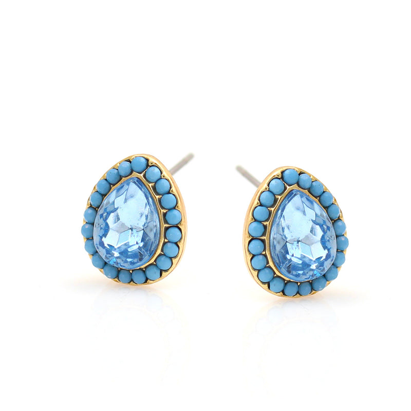 Blue Crystal Teardrop Gold Post Earrings