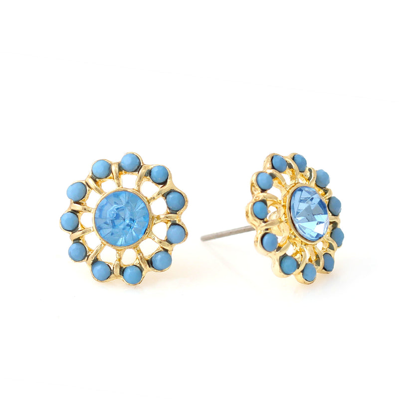 Blue Crystal Flower Gold Post Earrings