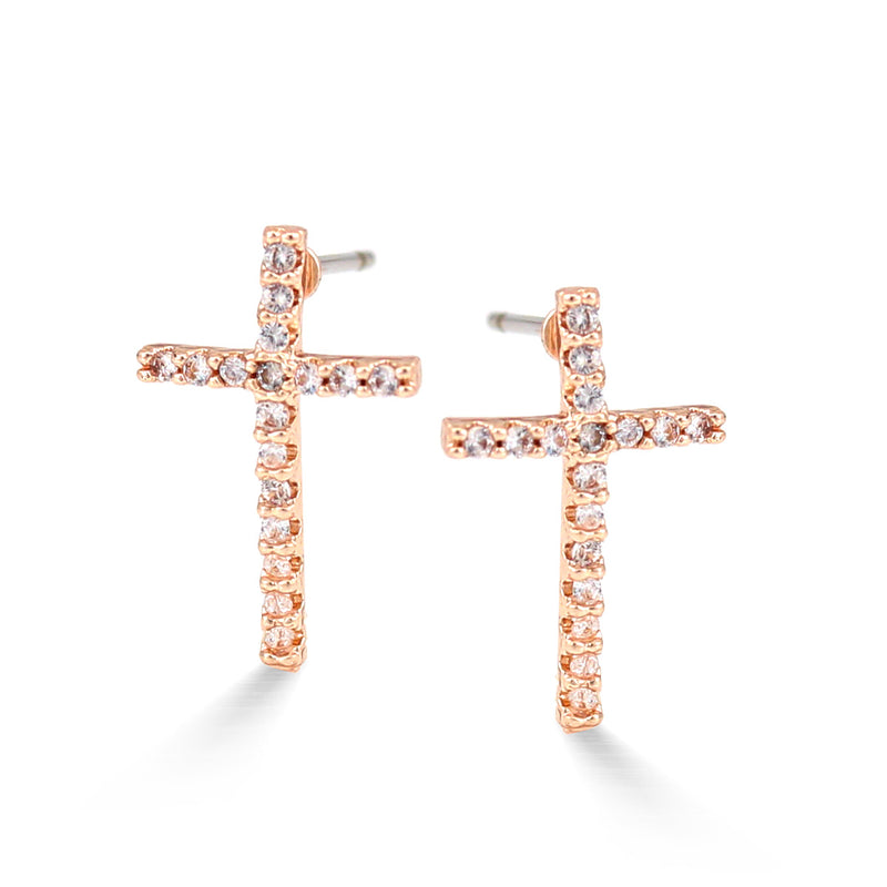 Rose Gold 0.5" Inch Crystal Cross Post Earrings