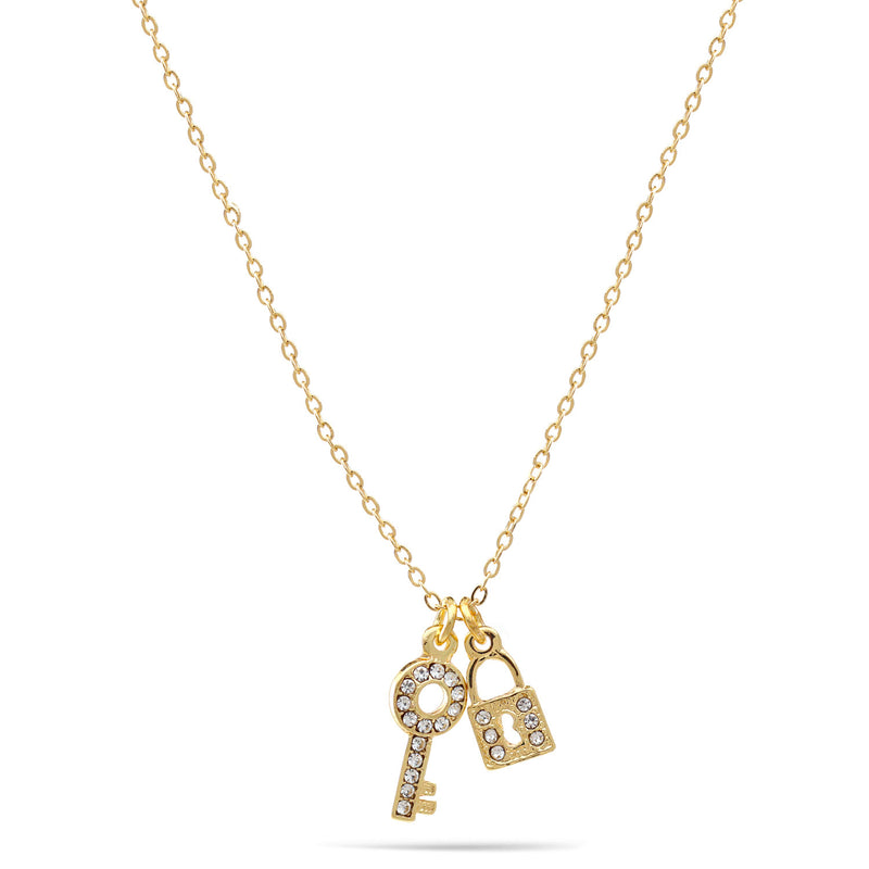 Gold Key And Lock Crystal Pendant Adjustable Length Chain Necklace