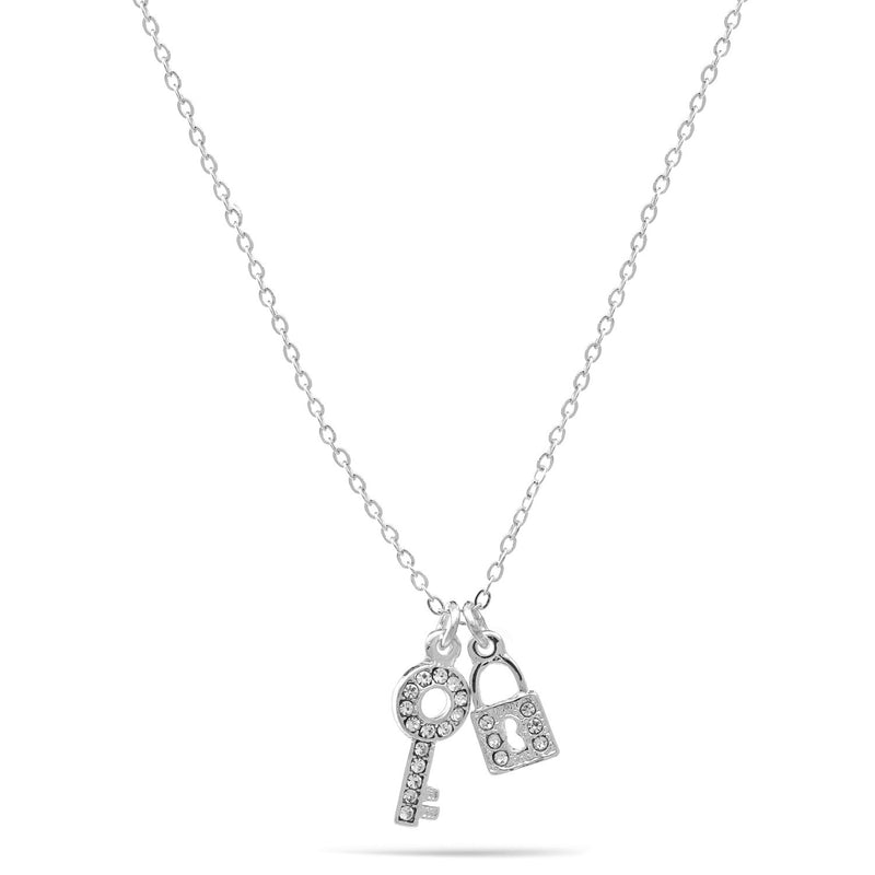Rhodium Key And Lock Crystal Pendant Adjustable Length Chain Necklace