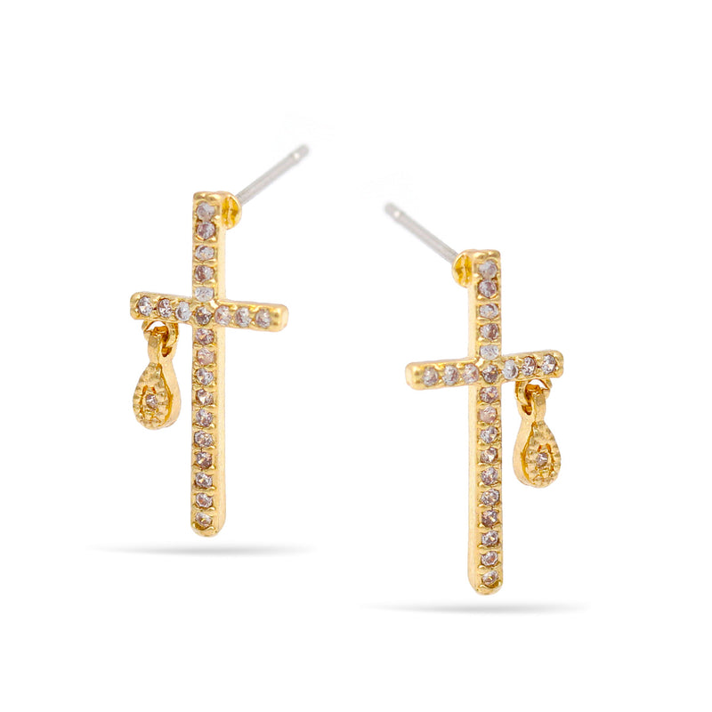 Gold Mini Cross Crystal Teardrop Post Earrings