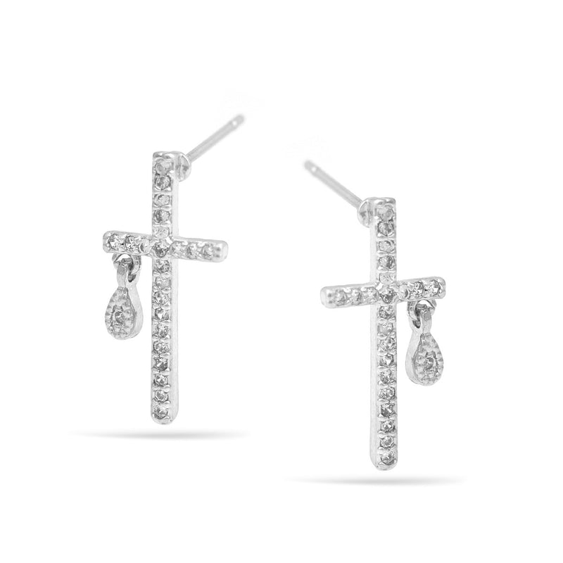 Rhodium Mini Cross Crystal Teardrop Post Earrings