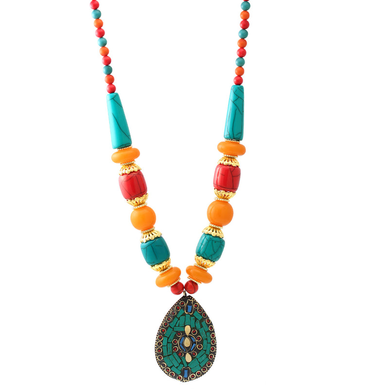 Gold Multicolor Big Beads Adjustable Length Turquoise Teardrop Pendant Necklace