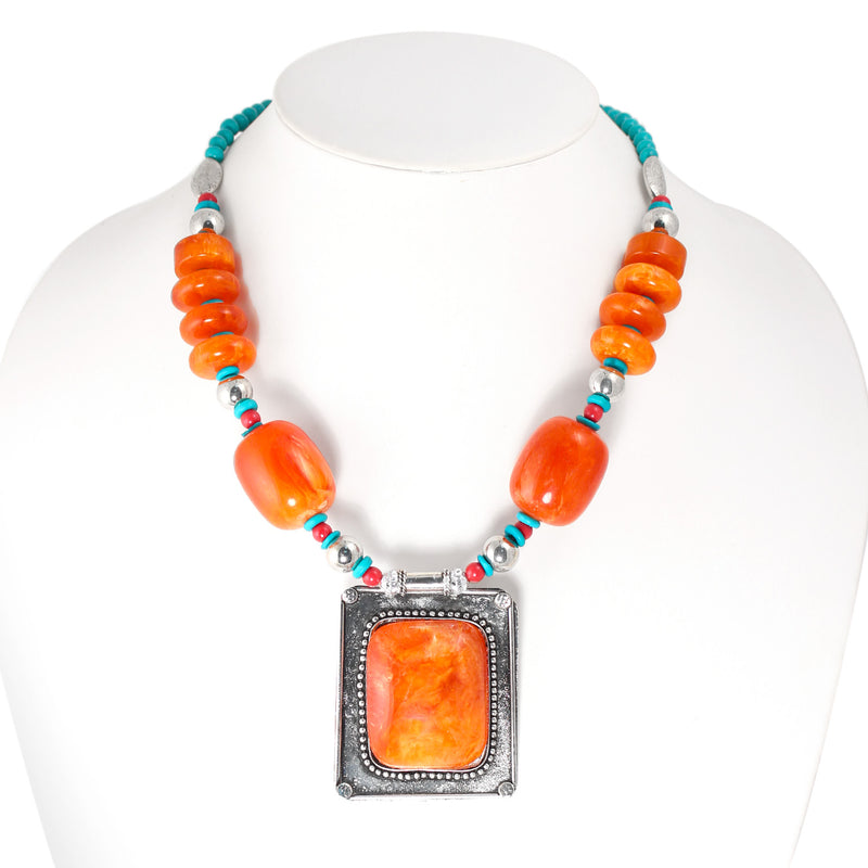 Silver Orange Square Pendant Turquoise And Orange Big Beads Adjustable Length Necklace