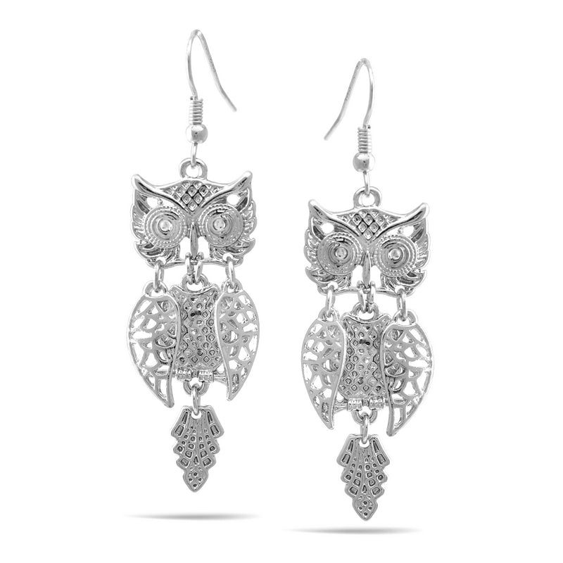 Rhodium Owl Drop Earrings
