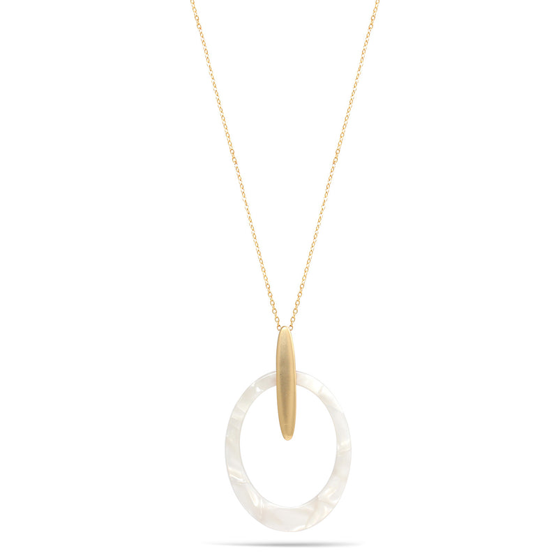 Matte Gold Ivory Acetate Resin Oval Pendant Adjustable Length Gold Chain Necklace