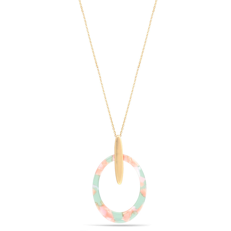 Matte Gold Green And Pink Acetate Resin Oval Pendant Adjustable Length Gold Chain Necklace
