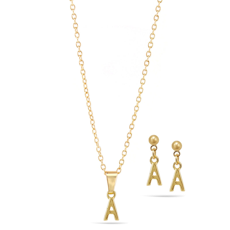 Gold "A" Small Pendant Adjustable Length Chain Short Necklace And Earrings Set