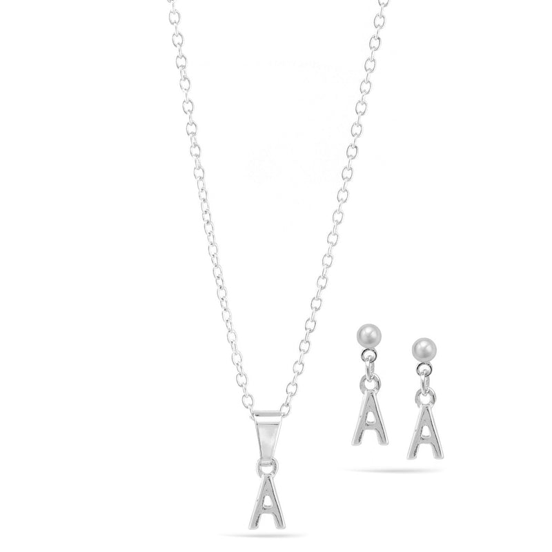 Rhodium "A" Small Pendant Adjustable Length Chain Short Necklace And Earrings Set