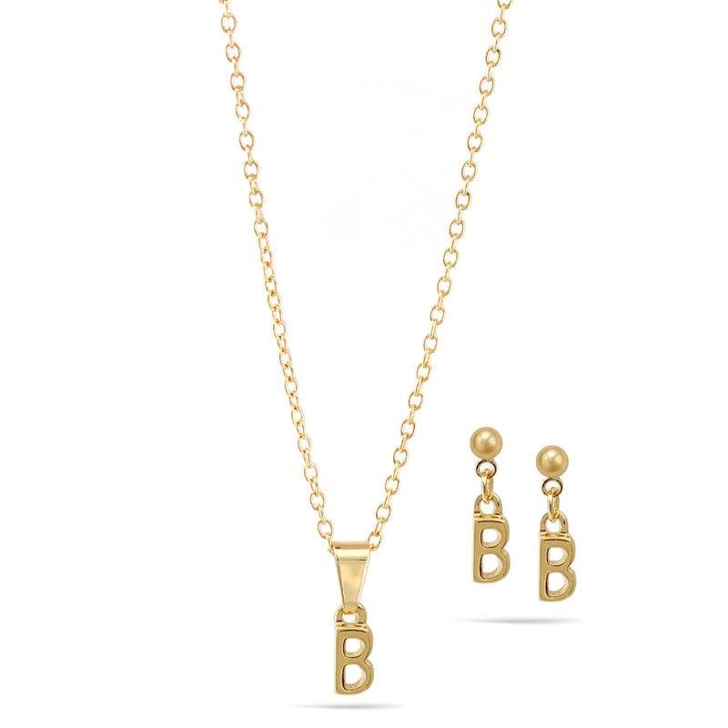 Gold "B" Small Pendant Adjustable Length Chain Short Necklace And Earrings Set
