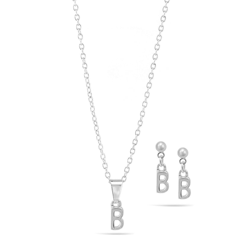 Rhodium "B" Small Pendant Adjustable Length Chain Short Necklace And Earrings Set