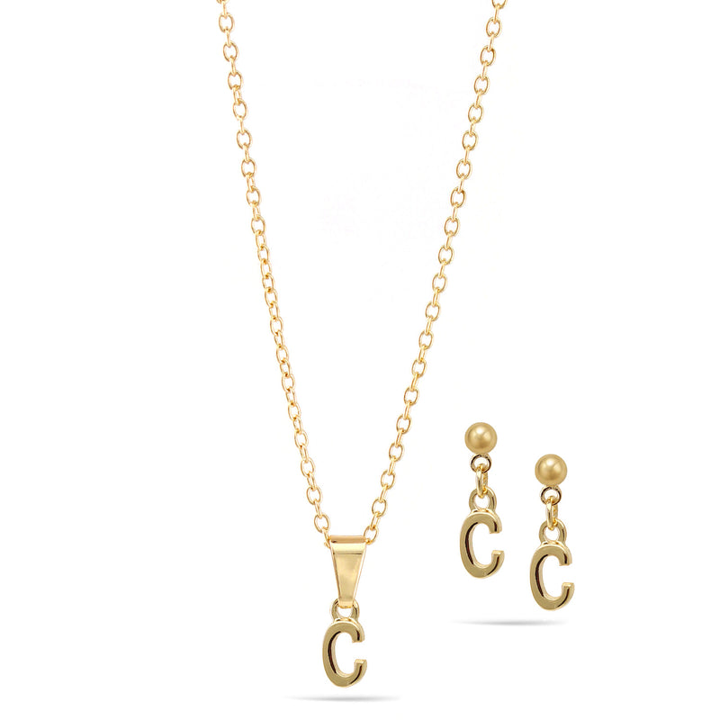Gold "C" Small Pendant Adjustable Length Chain Short Necklace And Earrings Set
