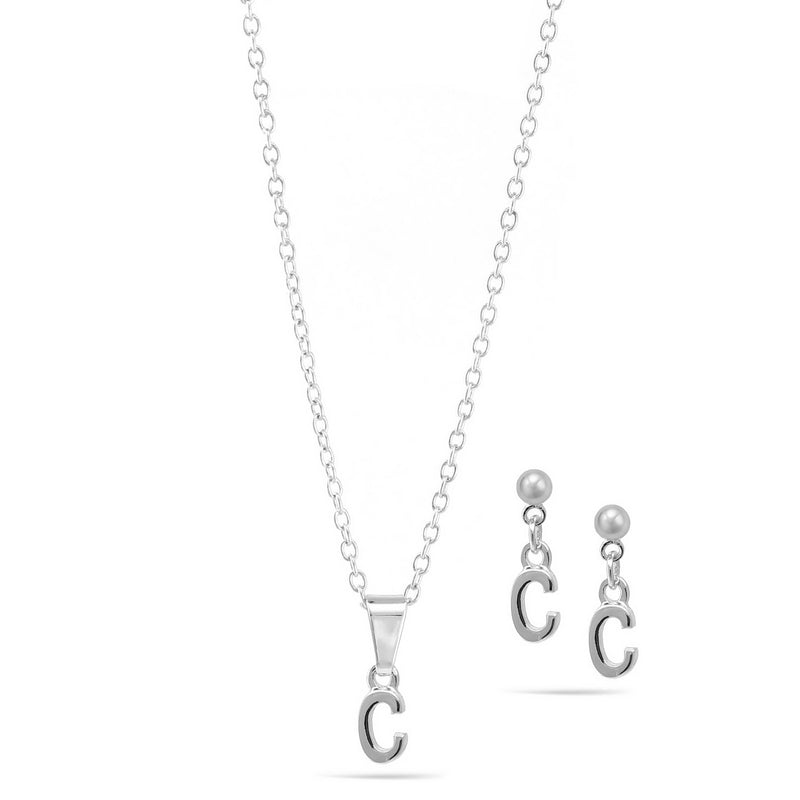 Rhodium "C" Small Pendant Adjustable Length Chain Short Necklace And Earrings Set