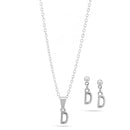 Rhodium "D" Small Pendant Adjustable Length Chain Short Necklace And Earrings Set
