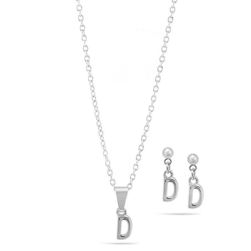 Rhodium "D" Small Pendant Adjustable Length Chain Short Necklace And Earrings Set