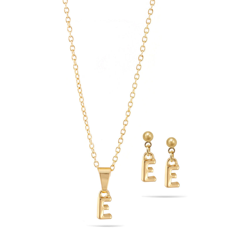 Gold "E" Small Pendant Adjustable Length Chain Short Necklace And Earrings Set