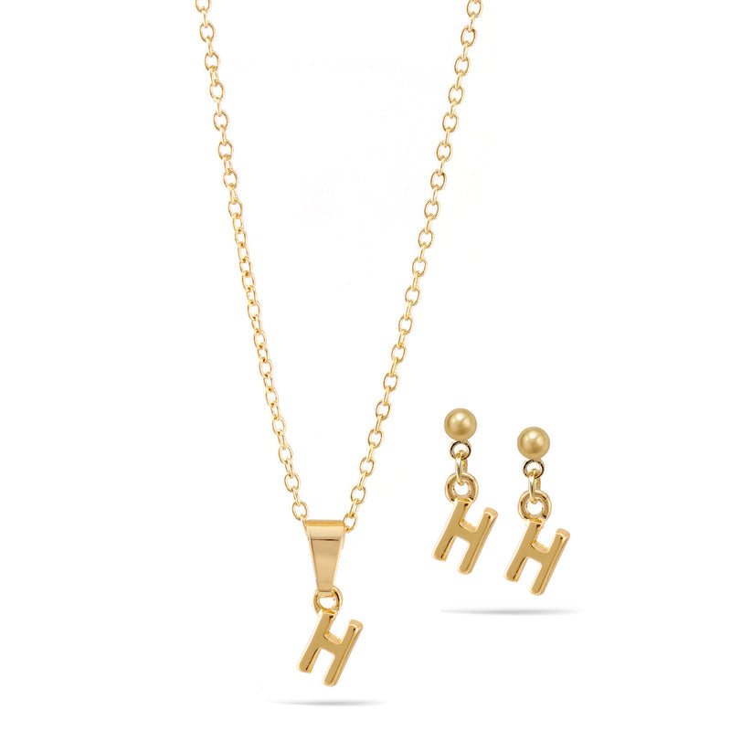 Gold "H" Small Pendant Adjustable Length Chain Short Necklace And Earrings Set