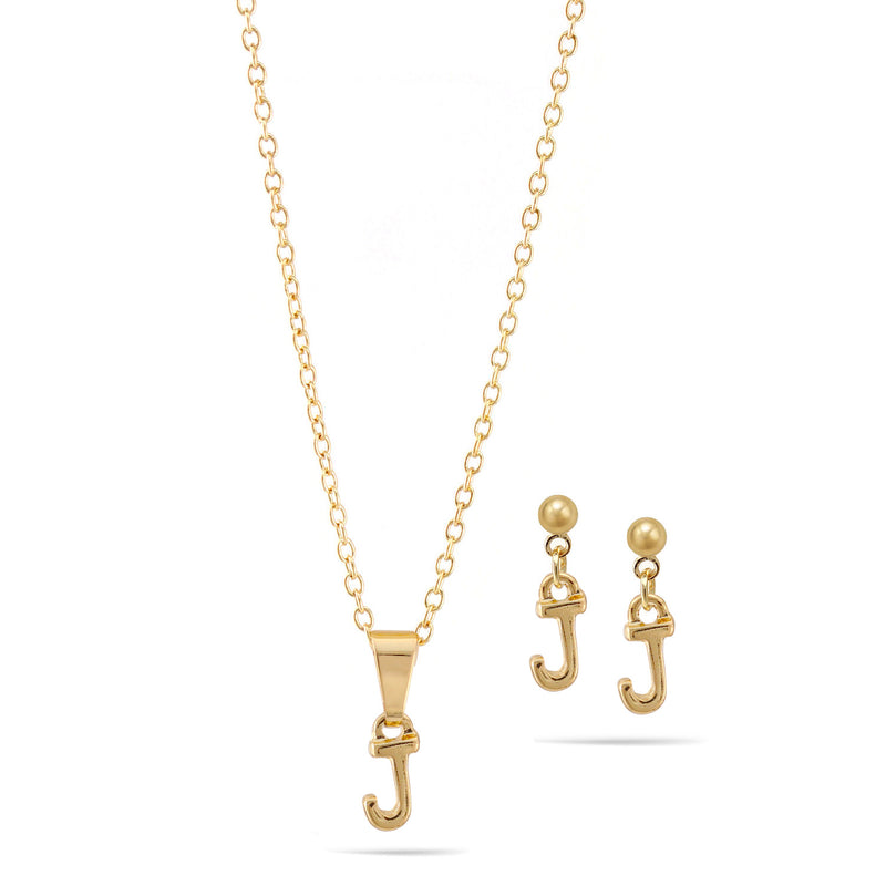 Gold "J" Small Pendant Adjustable Length Chain Short Necklace And Earrings Set