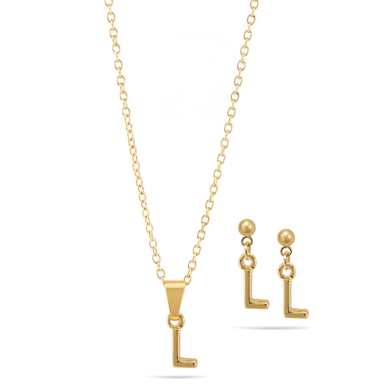 Gold "L" Small Pendant Adjustable Length Chain Short Necklace And Earrings Set