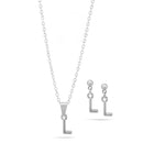 Rhodium "L" Small Pendant Adjustable Length Chain Short Necklace And Earrings Set