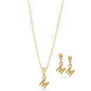 Gold "M" Small Pendant Adjustable Length Chain Short Necklace And Earrings Set
