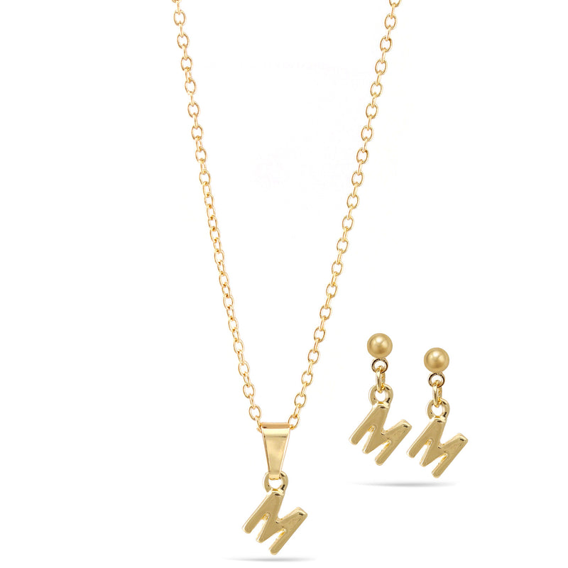 Gold "M" Small Pendant Adjustable Length Chain Short Necklace And Earrings Set